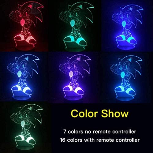 AIRUEEK Sonic Jouet Lampe 3D Veilleuse-16 Variations De Couleurs/1 Remote/1 télécommande / 1 socle noir/décoration de chambre anime créatif Sonic Hedgehog garçon cadeau d'enfant