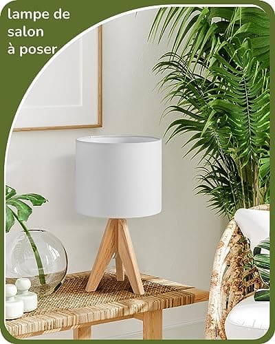 EDISHINE Lampe de Chevet Lot de 2, E27 Douille, Trépied Vintage, Ampoule Incluse, 36 x 20 x 20 cm, Lampe de Table en Bois pour Chambre à Coucher, Salon, Hôtel, Abat-jour en Lin Blanc
