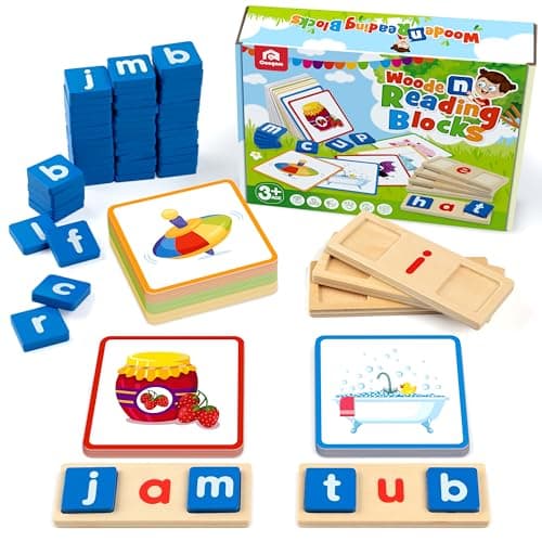 Coogam Voyelle Courte en Bois Lecture Lettres Tri Jeux d'orthographe, Mots à Vue Flashcards Alphabet Puzzle Montessori Jouet Éducatif Cadeau pour Enfants 3 4 5 Ans