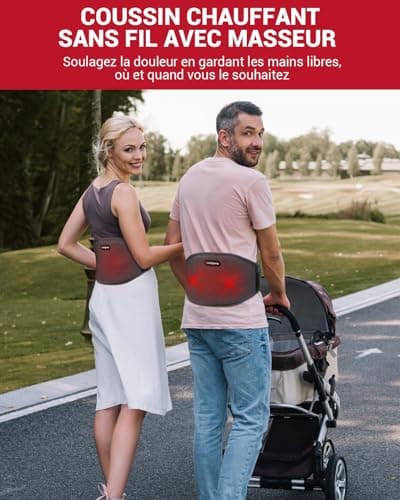 Comfytemp Ceinture Chauffante Lombaire, Coussin Chauffant Pour Dos Sans Fil Avec 3 Modes de Massage et 3 Niveaux de Chauffage, pour Soulager des Douleurs Lombaires, Abdominales, Jambes