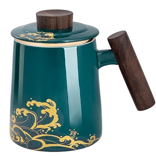 DISDADA Cup Tasse À Thé En Céramique Avec Infuseur et Couvercle Pour Infuser All-in-One Idéale Pour Café ou Feuilles de Thé, Pour la Maison ou le Bureau (Color : Vagues vertes foncées)
