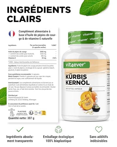 Huile de pépins de courge - 420 capsules - 3000 mg par portion journalière - Avec vitamine E naturelle - Hautement dosée - Naturelle et pressée à froid