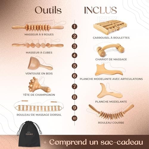 Ezero Maderotherapie Kit Complet Cellulite 10 Pièces - Kit Maderotherapie Complet - Palper Rouler Anti Cellulite, Rouleau Massage Anti Cellulite - Drainage Lymphatique - Maderotherapie Ventre