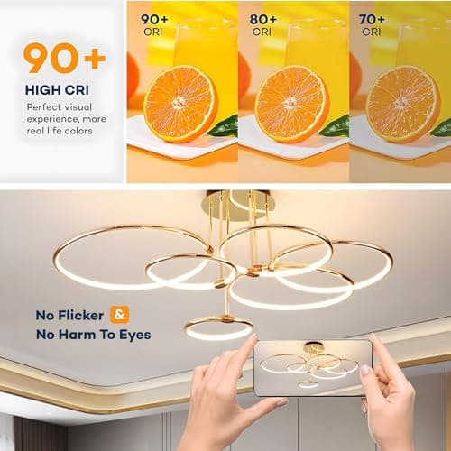 YYUTLUO Plafonnier LED, Ø105cm lustre Cercle En Métal Doré, 145W Dimmable En Continu 3000-6000K, Pendentif Galvanoplastie Rond Moderne, Chambre Salon Enfants Bureau Étude Cuisine Couloir (6 Anneaux)