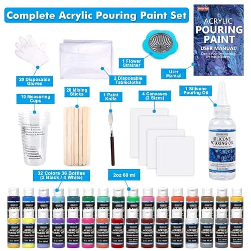 Shuttle Art Kit Peinture Pouring Acrylique (60ml), 36 Couleurs Acrylique Fluide Pré-Mélangée avec Huile de Silicone, Peinture à Couler pour Toile,Papier,Bois,Roche,Statue