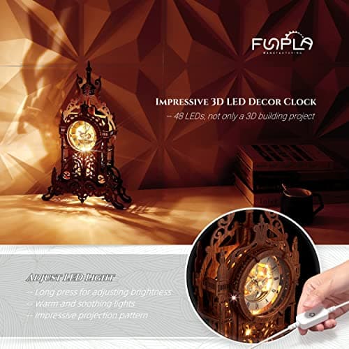 FUNPOLA Maquette en Bois Construire Puzzle 3D Bois LED Tour Horloge, Modele de Construction de Puzzle 3D, Kit de modèle d'horloge de puzzle 3D DIY (LED-WTC02)