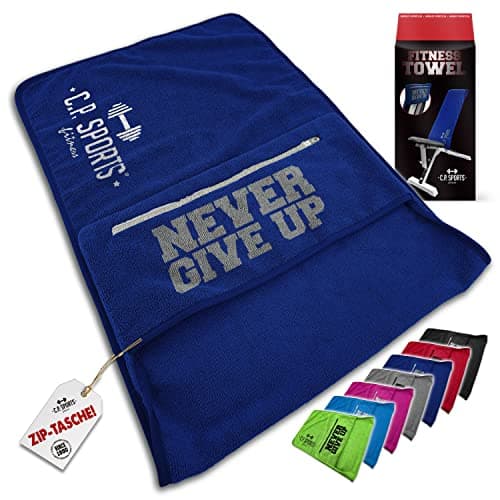 C.P. SPORTS Serviette de Fitness en Microfibre | Fixation + Sac avec Fermeture éclair | Gym Training Sport | Extra Doux, Lavable, Longue et Grande | pour Homme et Femme | Couleur Bleu foncé