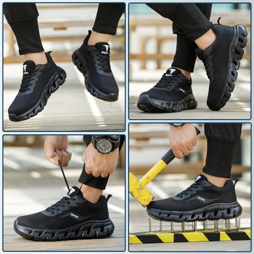 HEOAARG Chaussures de Sécurité Hommes Femme Embout Acier Chaussures de Travail Légère Respirant Antidérapante Basket de Securite Chaussure de Chantier,Noir EU 42