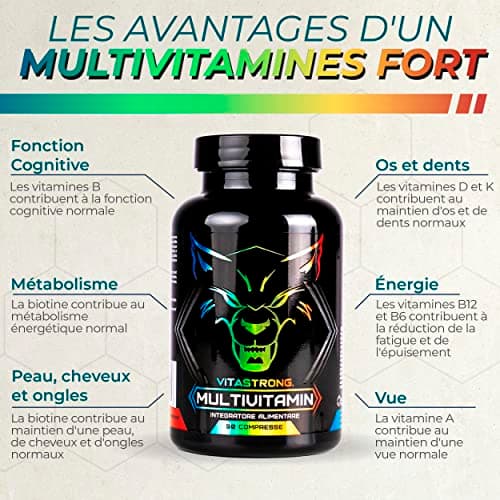 Multivitamines Complet | Vitastrong Vitamine C, E, B1, B2, B6, D, A, K, B12, Biotine | 100% Naturel et Pur | 13 Vitamines À Haute Dose | Made in Italy