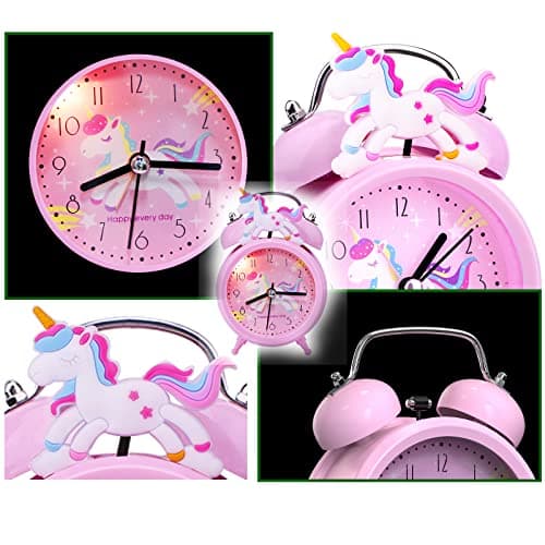 TCJJ RéVeil Licorne pour Filles, RéVeil sans Tic-Tac pour Enfants Filles, RéVeil Silencieux Rose De Chevet, Horloge Classique à Double Cloche avec RéTroéClairage, Convient pour Les Cadeaux Scolaires