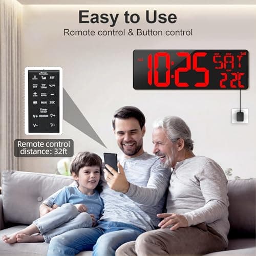 XREXS 17'' Horloge Murale Digitale, Calibrage Automatique de l'heure Via Bluetooth, Horloge Numérique, Luminosité Réglable, Horloge Murale Numérique avec Heure/Date/Température/Alarme/Minuteur