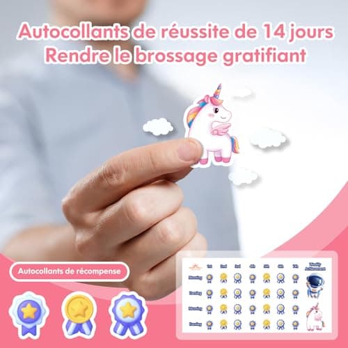 Brosse à Dents Électrique Enfant 3-6-8-12-18 Ans, Brosse a Dent Electrique Enfant Rechargeable Avec Minuteur, Autocollants pour Habitudes et 4 Têtes Douces Pour Kids Filles Et Garçons (Licorne Rose)