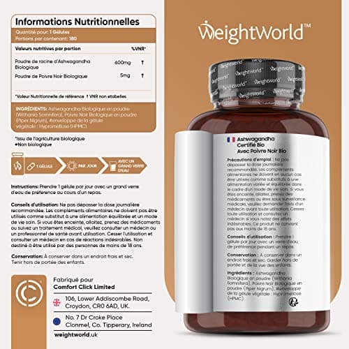 Ashwagandha Bio Gélules Extra Fort 600mg + Poivre Noir Bio 5mg - 180 Gélules Vegan (6 Mois) - Ginseng Indien ou Withania Somnifera avec Piperine - Certifiée Par Agriculture Biologique