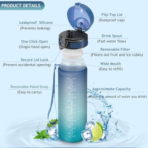 Vikaster Gourde de sport, Gourde 1l, sans BPA, Étanche & Réutilisable, Bouteille d'eau avec Marqueur de Temps et Filtre, Convient Pour la Enfant & Adulte, Gym, Yoga, Camping, Sport, Gourde Randonnée