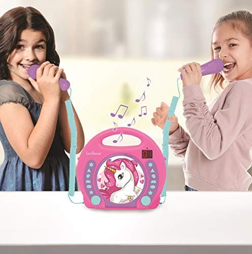 Lexibook-RCDK100UNI Lecteur CD Portable Licorne avec Micros, Poignée, Programmation, Répétition, Karaoke, Cheval, Prise écouteurs, Enfant, Fille, Rose/Violet, RCDK100UNI
