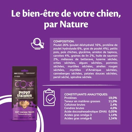 Wellness Core, Puppy Trainers, Friandises d'Apprentissage pour Chiot, Naturelles et Sans Céréales, Poulet/Carottes, sachet de 170 g