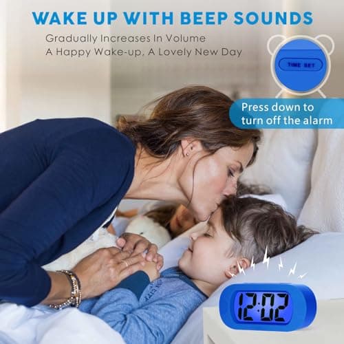 Plumeet Réveil électronique, Alarm Réveil Matin avec Grand écran LCD, Fonction Snooze, avec Veilleuse, Alimenté par Batterie, Convient Aux Alarmes de Voyage et de Chevet (Bleu)