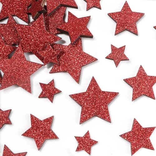 36Pcs Etoile Bois Noël Confetti Scintillant Décoration à disperser Table Cadeau Noël (Etoile à 5 branches Rouge)