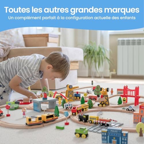 Tiny Land 55 Pcs Circuit Train en Bois, Train Enfant with Grue, Train et Piste Compatible avec Brio Compatible avec Thomas et Grandes Marques Mainstream, Train Jouet pour Enfants 2~5 Ans