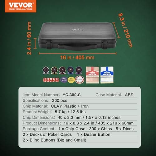 VEVOR Mallette de Poker 300 Jetons de Poker en Argile et ABS 14 g 40x3,3 mm avec 2 Jeux de Cartes Texas Hold'em 1 Bouton de Croupier et 2 Boutons Blind pour Blackjack Jeux de Hasard Casino à Domicile
