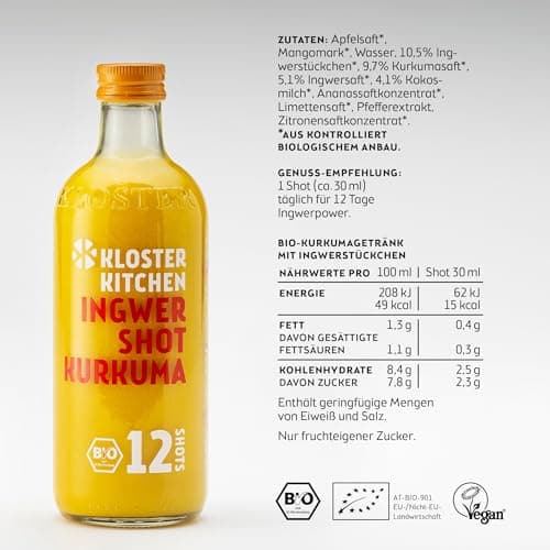 Kloster Kitchen Bio gingembre Shot curcuma, 12 SHOTS à 360 ml avec morceaux de gingembre, Shots de gingembre au curcuma en bouteille en verre, végétalien (incl. 0,25€ de caution consigne)