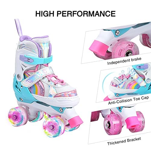 OLYSPM Patins à roulettes pour Enfants, 8 Roues Lumineuses et 4 Tailles réglables, Patins à Quatre Roues avec Sac de Rangement, Patins à roulettes à Double rangée pour Filles, garçons et débutants