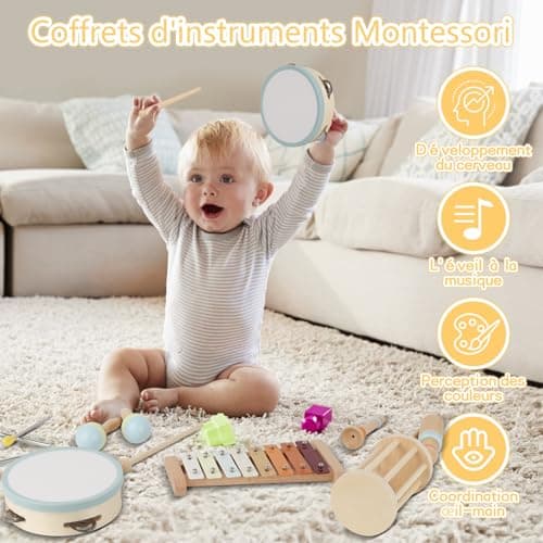 Joellfuner Instrument de Musique Bebe, Jouets Musicaux en Bois avec Xylophone, Triangle et Autre Instrument, 10 PCS Instruments Montessori, Bébé Batteries et Percussions Plus de 3+ Ans