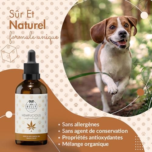 Belly Huile de Chanvre Chien & Chat - 100ml - Pressé à Froid - Riche en Omega 3 6 9, Vitamine E - Sommeil, Anti Stress Chien, Pelage Brillant, Système Immunitaire & Articulation Renforcé