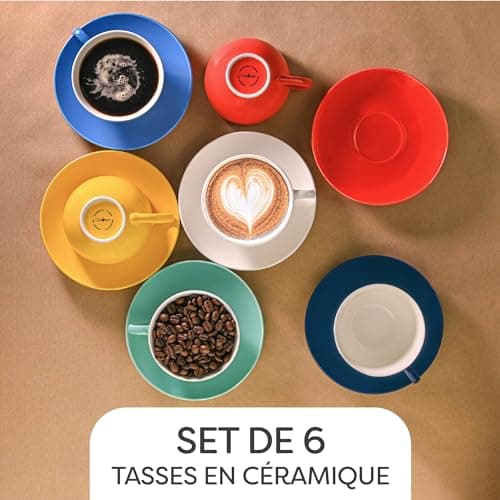 Cosumy 6 Tasses à Cappuccino avec Soucoupes - Céramique Colorée - 180ml - Avec Boîte Cadeau - Maintient le Cafe Chaud
