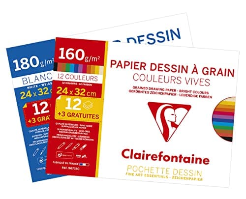 Clairefontaine 196778AMZC - Lot de 2 - Pochette Dessin Scolaire - 15 Feuilles (12+3 gratuites) - Papier Dessin à Grain Couleurs Vives 160g et Papier dessin blanc 180g- 24x32 cm