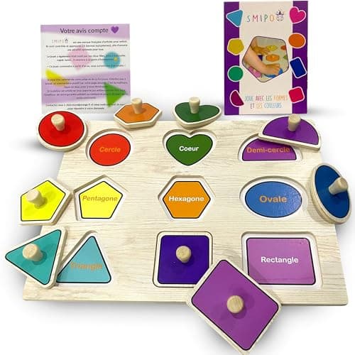 Puzzle en Bois Montessori Forme géométrique, Apprentissage encastrement Formes et Couleurs, motricité Fine, Jouet Bebe Enfant garçon Fille 12 Mois,1,2,3,4 Ans, Jeux educatif, Mot en français, Cadeau