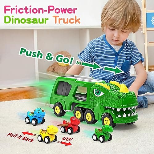 ENJSD Camion Dinosaure Jouet pour Enfant de 3 4 5 Ans, 5 en 1 T-Rex Camion Transporteur Voiture avec Lumières et Sons, Jeux pour Garcon Fille 3 à 5 Ans, Cadeau Noel Enfant de 3-5 Ans(Vert)