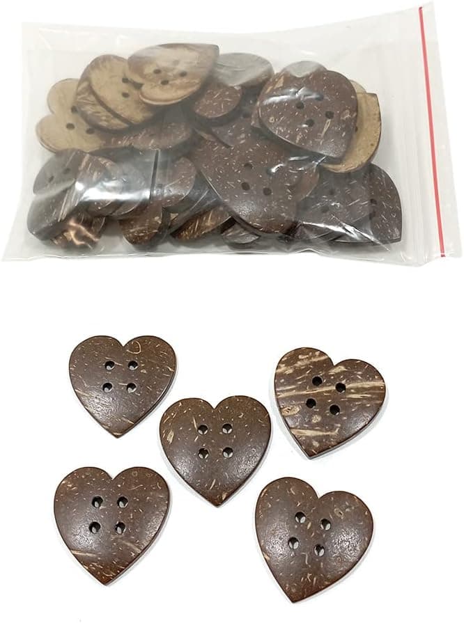 30 Boutons en Noix de Coco en Forme de Coeur, 35 mm, pour l'Artisanat, la Couture et la Décoration (Coco2, 35mm)