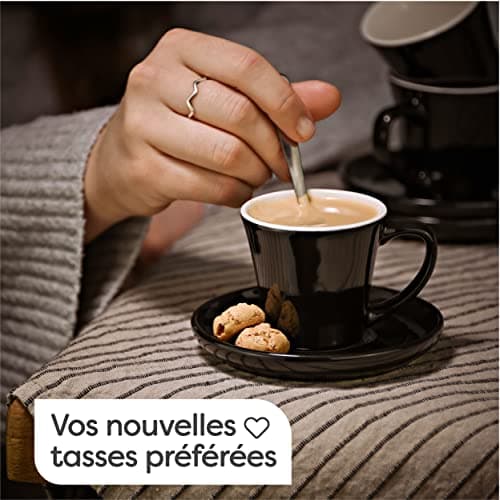 Cosumy Lot de 6 Tasses à Expresso Noires avec Soucoupes - Céramique - Lavable au Lave-vaisselle - Avec Boîte Cadeau - 70ml