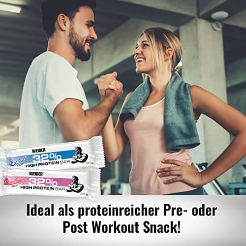 WEIDER 32% Protein Bar, délicieuse barre protéinée enrobée de chocolat fin, haute teneur en protéines, barre énergétique, snack musculation, Fraise, 12 x 60 g