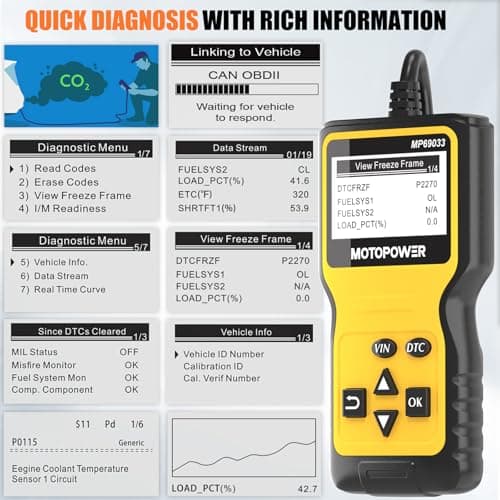 MOTOPOWER MP69033 OBD2 Scanner Universel Lecteur de Code d'erreur de Moteur, Outil de Diagnostic Can pour Tous Les protocoles OBD II Voitures Depuis 1996, jaune