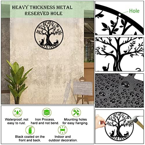 Pduoduo Arbre de vie en métal -Décoration Murale en Métal avec des Chats,Noir Tenture Décor Silhouette Mur Art pour Cadeau Intérieur Cadeau Extérieur Jardin Maison Décoration,30cm