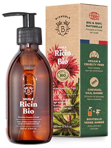Bionoble Huile de Ricin Bio 200ml + Pompe - Bouteille en Verre - 100% Pure, Naturelle, Pressée à Froid - Huile de Ricin pour Cheveux Cils Sourcils, Huile Barbe - Vegan Castor Oil, Huile Ricin