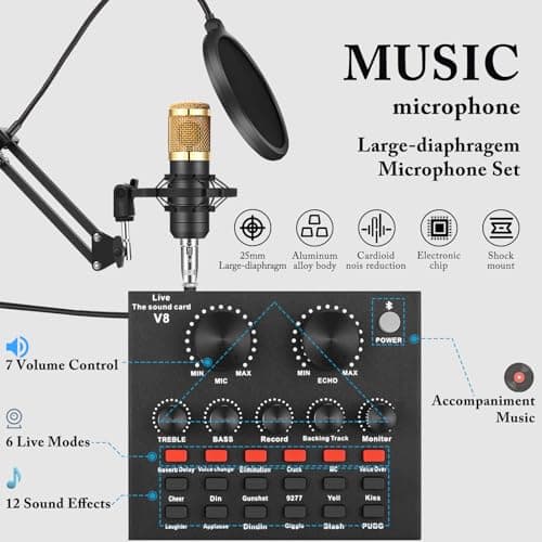 ALPOWL Ensemble d'équipement de Podcast, Interface Audio avec Carte Son en Direct Tout-en-Un et Microphone à condensateur, Parfait pour l'enregistrement, la Diffusion, la Diffusion en Direct (Or)