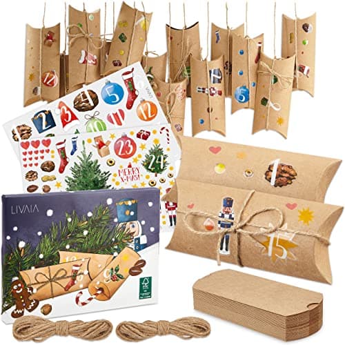 LIVAIA Calendrier de l'Avent à remplir soi-même: Calendrier de l'Avent à faire soi-même avec 24 boites berlingot en carton et autocollants de Noël - Calendrier de l'Avent pour le bricolage par LIVAIA