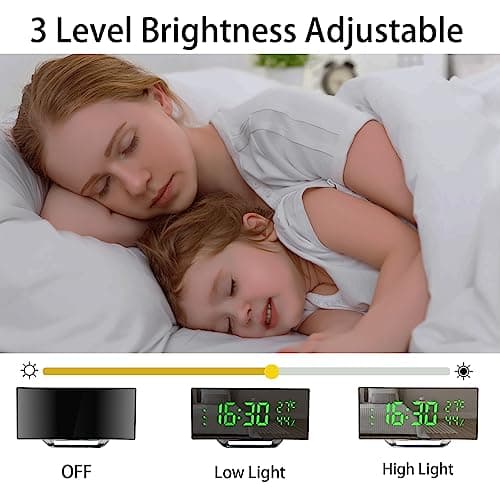 Derkiewn Réveil numérique, Grand écran LED de 6,5 Pouces, réveil de Chevet avec température et humidité, Horloge Miroir avec 3 réveils, luminosité réglable, Sieste, Alimentato USB (Vert)