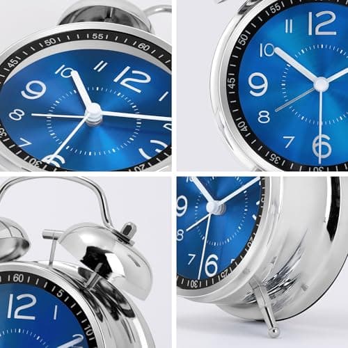 Lafocuse Reveil Double Cloche Analogique sans Tic-tac, Réveil Métal Bleu avec Grand Cadran, Horloge de Table Silencieuse avec Lumière de Nuit pour Chambre Bureau 16cm