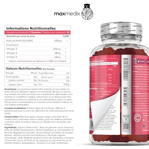 Oméga 3 Enfants - Huile de Perilla 400mg/Portion (ALA 60%) - 120 Gummies Vegan (3-12 Ans) Pour La Croissance Des Enfants - Gummies Enfants Goût Fraise, Framboise - Alternative à l'Huile de Poisson