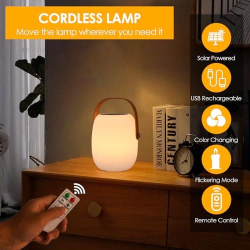 ZWOOS Lampe de Table Sans Fil, Énergie Solaire/Rechargeable par USB, Lampe a Poser LED RVB, avec Mode Scintillement de Bougie, Étanche IP54, avec Télécommande