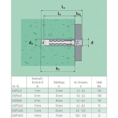 PARCO Lot de 100 chevilles universelles en plastique avec bord pour un maintien parfait dans le béton, la pierre, le bois, etc. 5,0 x 25 mm, PA 6 de qualité supérieure