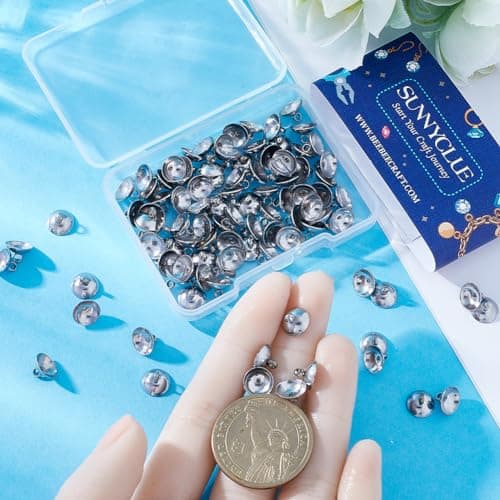 SUNNYCLUE 1 boîte 100 pièces Capuchon de Perle Bélière Capuchon de Perle Pendentif Bélières 304 capuchons de Perles en Acier Inoxydable Capuchons de Perles de 8 mm Capuchons de Perles avec Boucle Pend