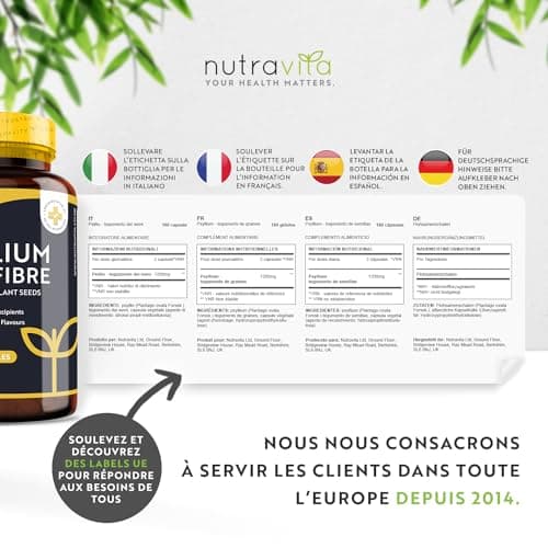Psyllium Blond Bio 1400 mg par Dose - 180 gélules végane - Fabriqué à partir de graines de Plantago Ovata 100% pures − Fabriqué au Royaume-Uni par Nutravita
