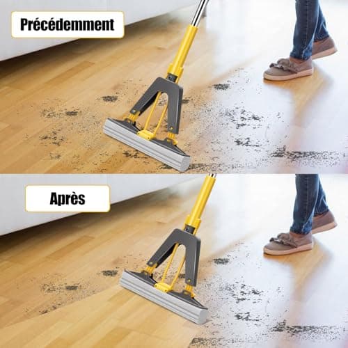 Myiosus Balai Eponge avec Essorage, Balai Serpillere avec 3 éponge PVA absorbante et Réutilisables, Poignée Réglable de 130 cm, Vadrouille éponge pour Nettoyage de Sol