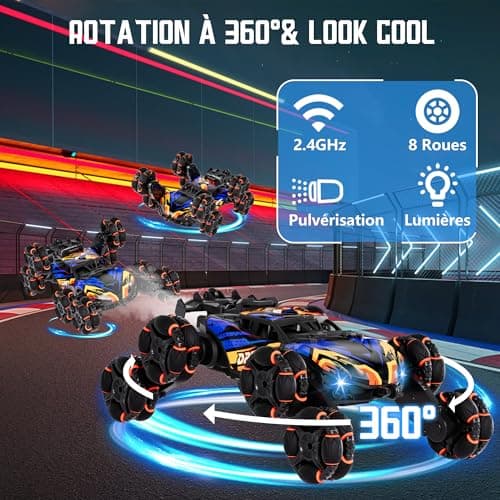 Aragallant Voiture Télécommandée, 8WD RC Stunt Car, 360 ° Rotation Capteur Gestuel Voiture télécommandée avec Musique Lumière et Spray, Jouet Cadeaux pour Enfant Garçon Fille 3+ Ans