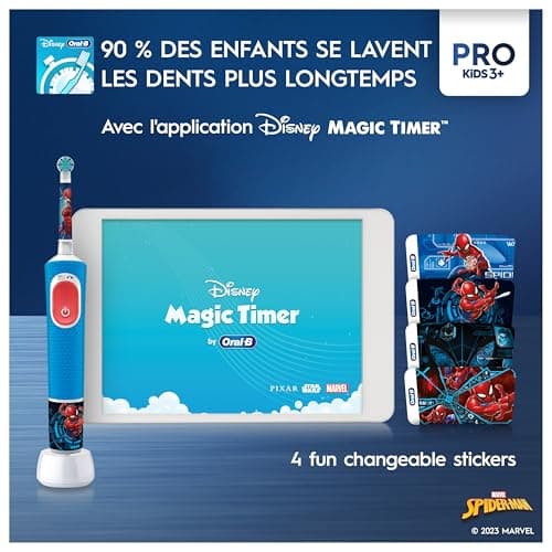 Oral-B Pro Kids Brosse à Dents Électrique Enfant, Spider-Man Marvel, Brossette Ronde Pour Petites Bouches Et Douce Pour Des Gencives Sensibles, 1 Chargeur, 1 Étui De Voyage, 1 Embout, 3 Ans Et Plus